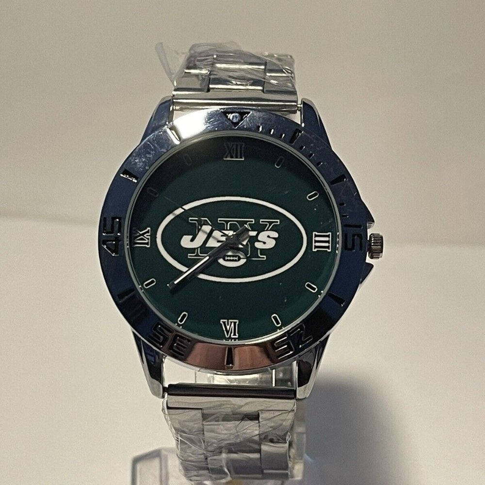 NEW YORK JETS NFL Logo Stainless-Steel Link Silver Analog Men's Watch NEW.